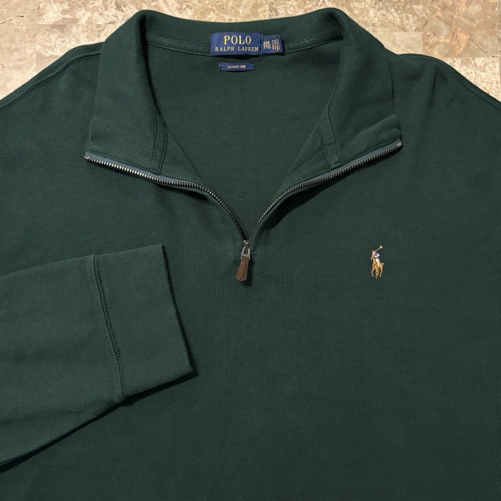 Polo Ralph Lauren Quarter Zip Sweater Mens 2XL Green Estate Rib Knit Long Sleeve
